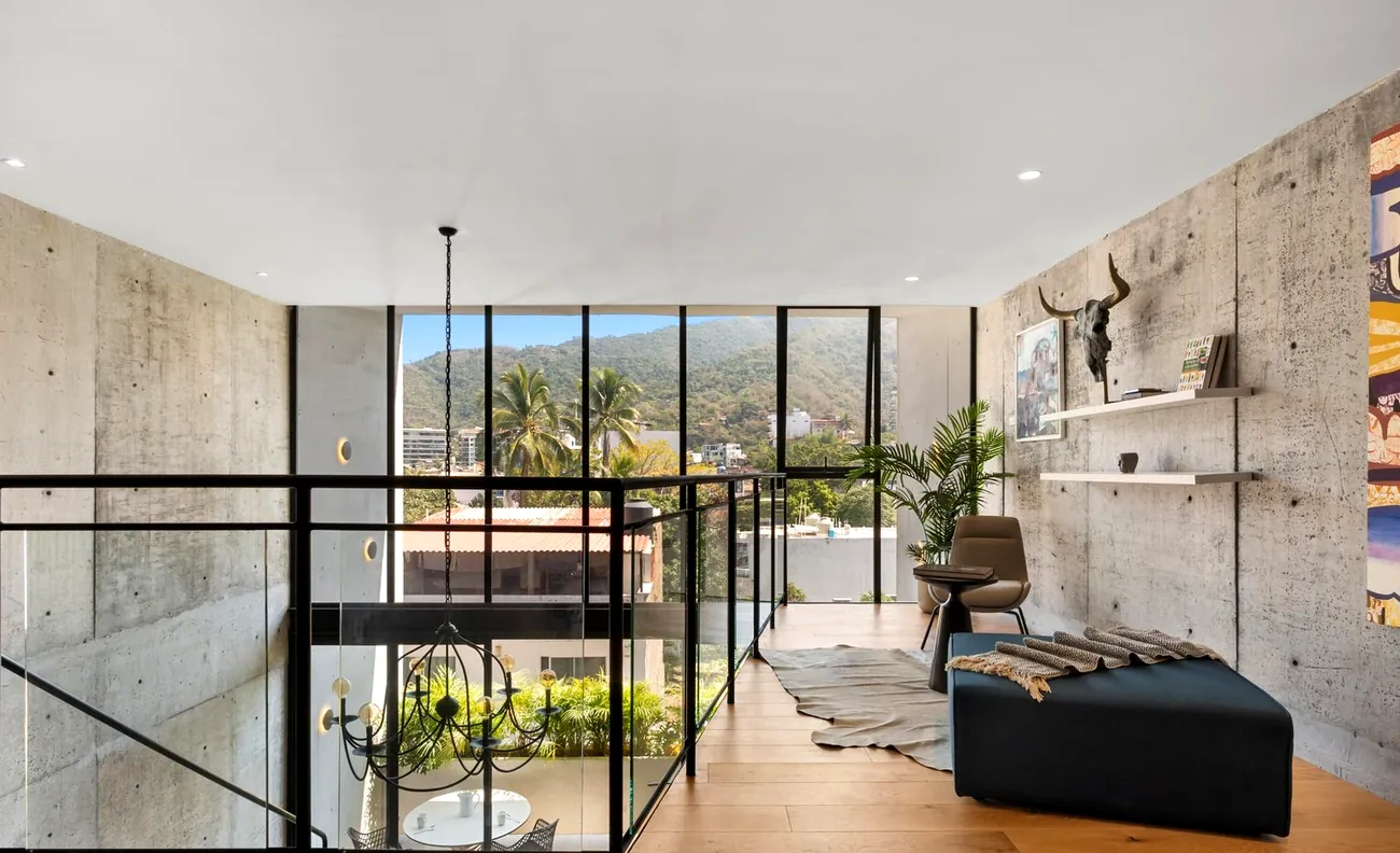 Mezzanine corridor with mountain views