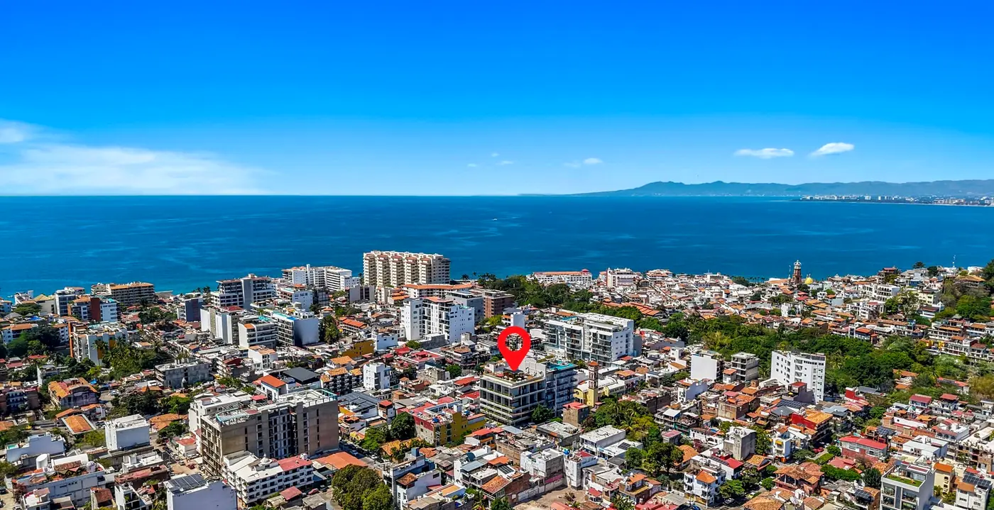 Aerial view with the building location
