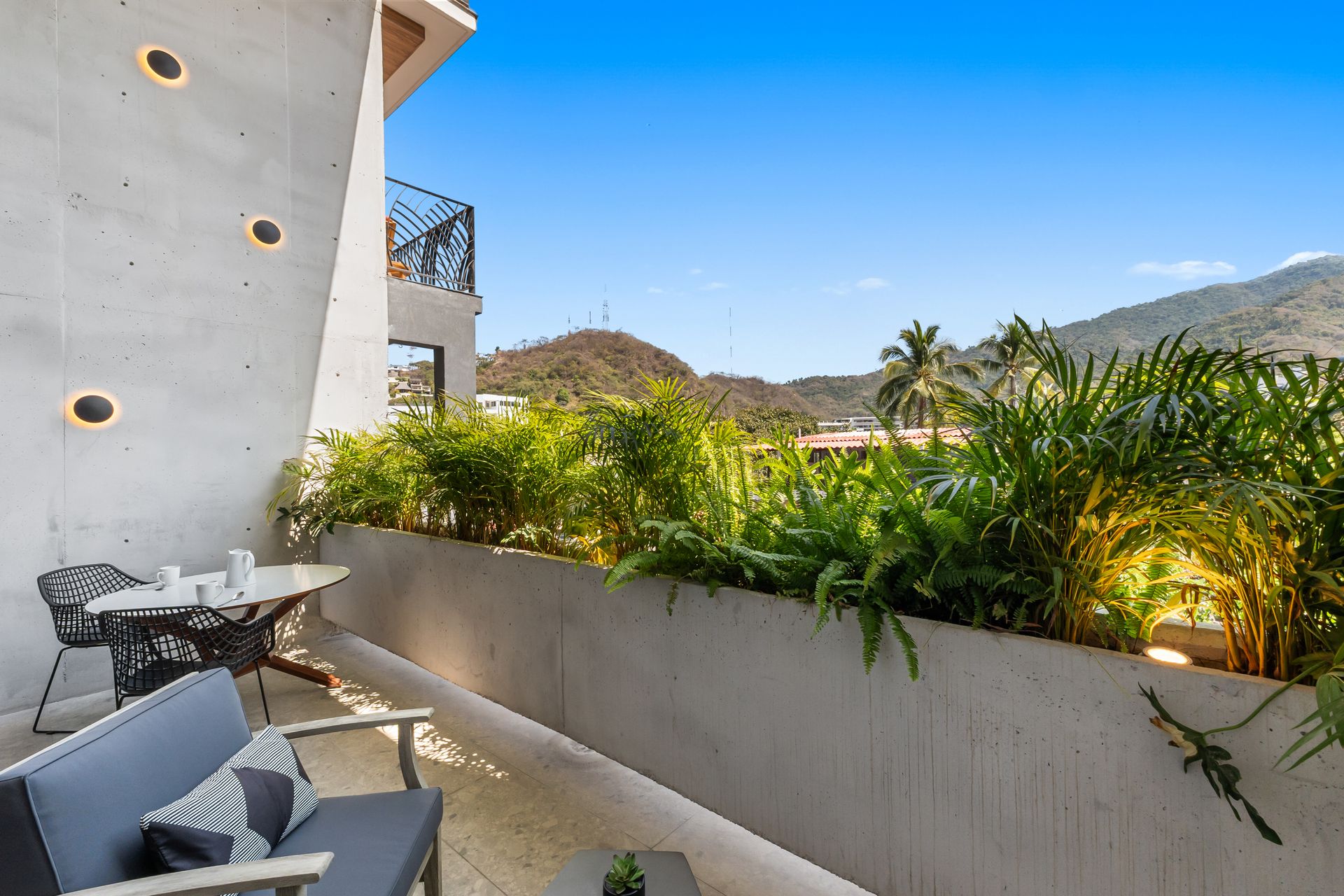 Private terrace at 274 Aguacate 301L facing the Sierra of Puerto Vallarta